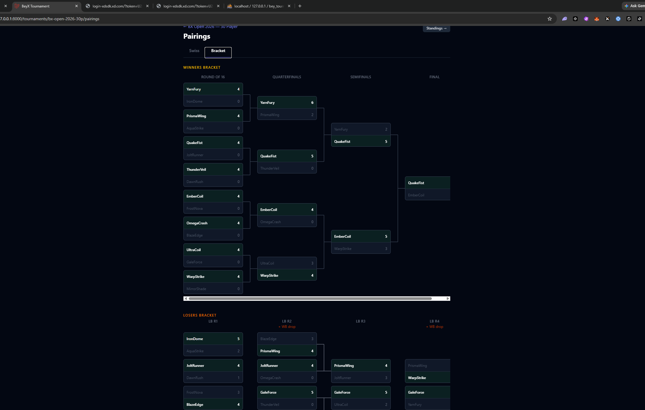 Haraya Beyblade Platform tournament bracket view showing winners and losers brackets for a 30-player tournament