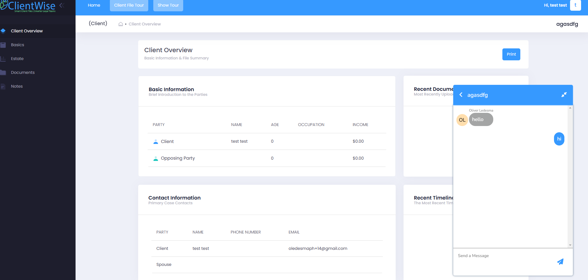 ClientWise client overview screen showing basic information, contact details, and an in-app messaging panel