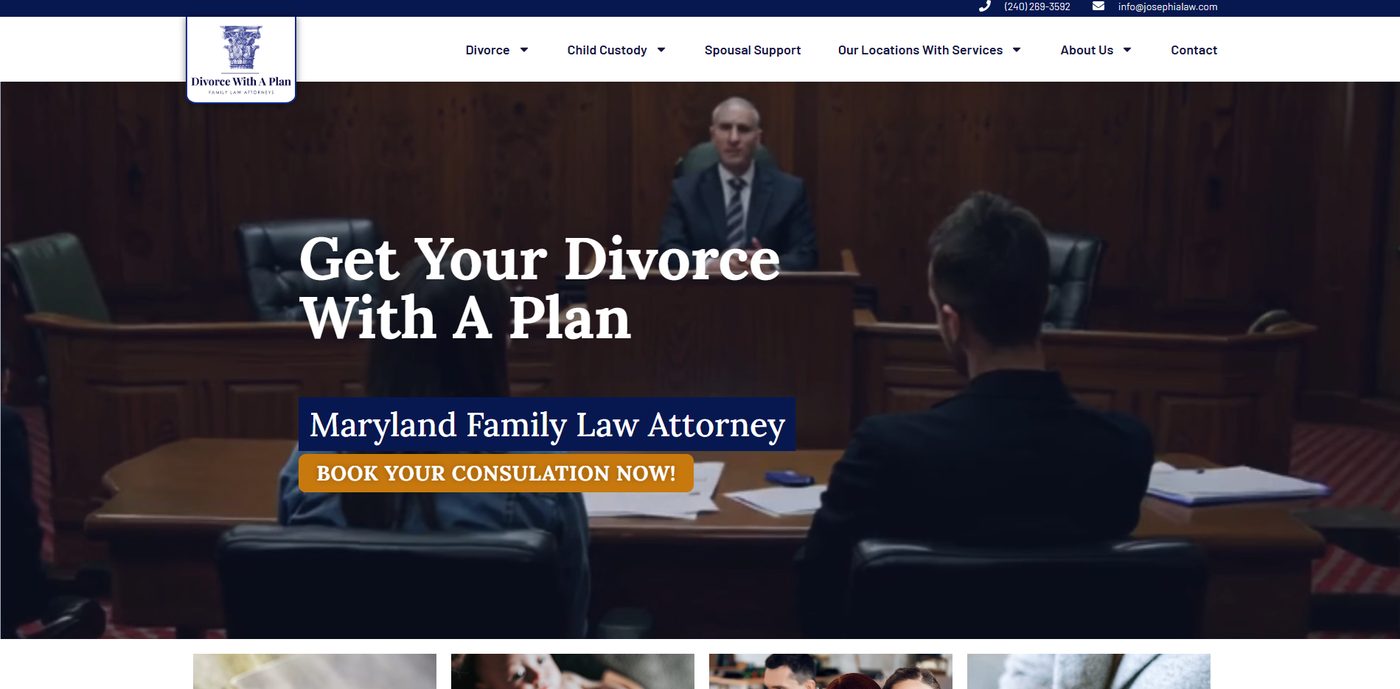Divorce With A Plan homepage for a Maryland family law attorney, headline reads Get Your Divorce With A Plan