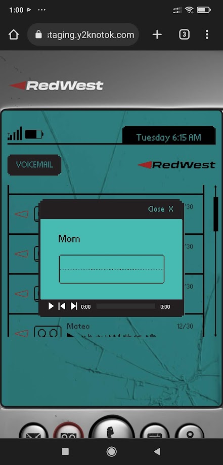 Y2K interactive experience voicemail screen inside a fictional in-world phone interface, styled with a cracked screen effect